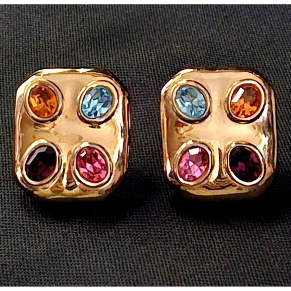 Vintage Gripoix Clip On Earrings Gold Tone Cabochon Glass Inlay Stones EUC! - Picture 1 of 11